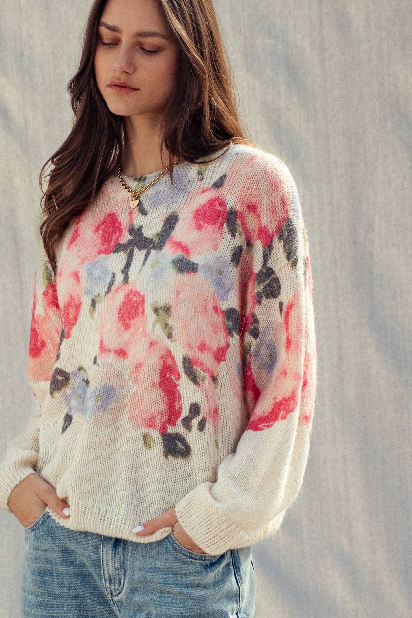 OVERSIZED FLORAL PRINT SOFT KNIT SWEATER