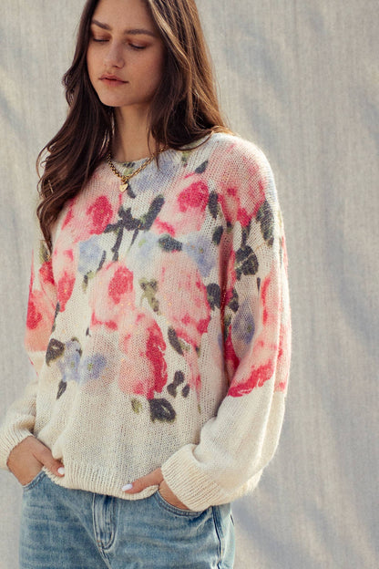 OVERSIZED FLORAL PRINT SOFT KNIT SWEATER
