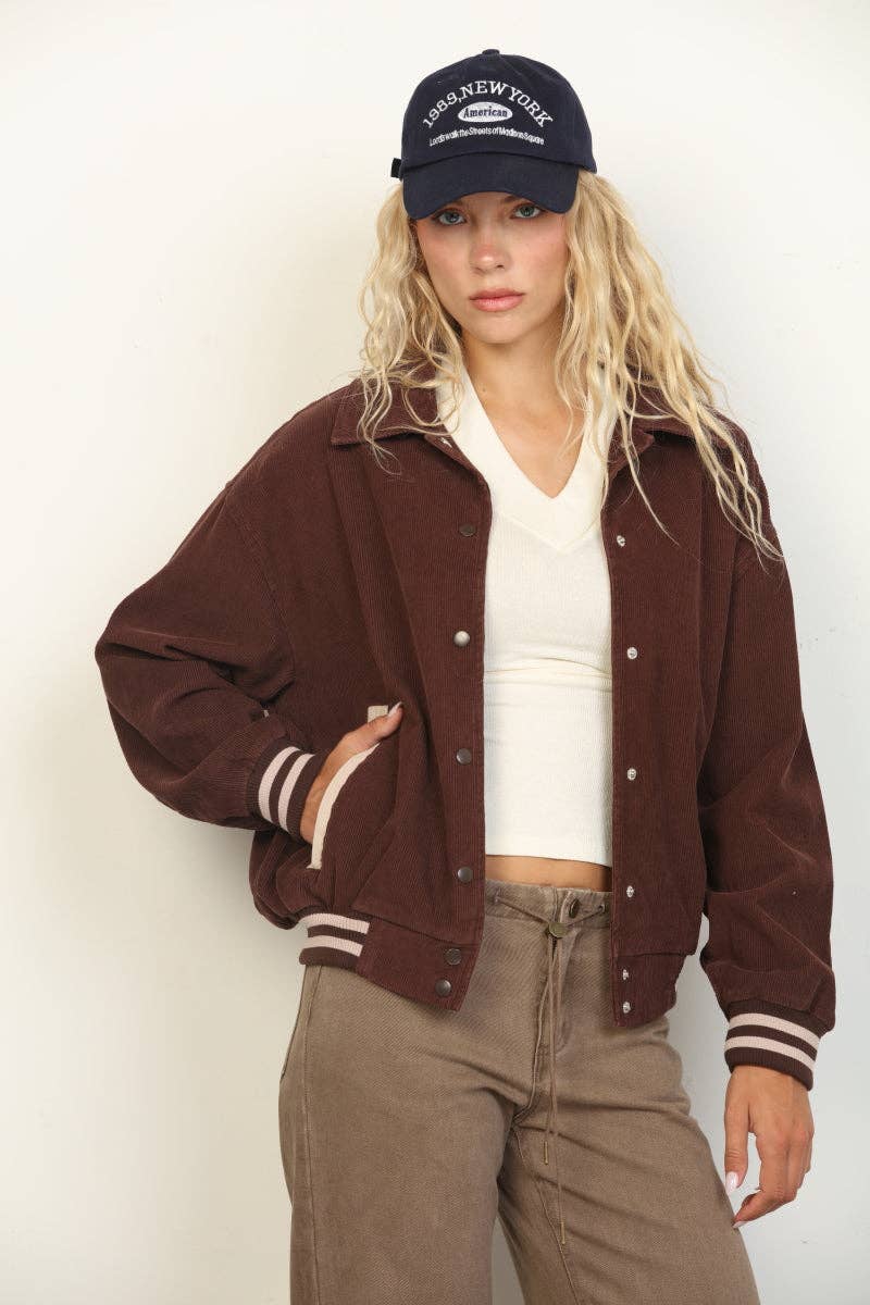 26 International - Corduroy Snap Front Oversized Varsity Jacket: Red Combo / L