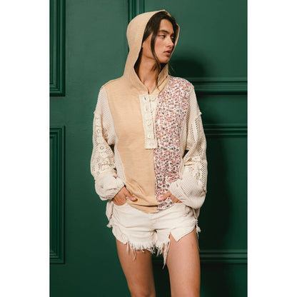 SLUB JERSEY WITH LACE COMBO BUTTONED HOODIE TOP