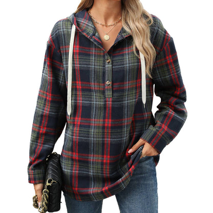TARTAN LONG SLEEVE HOODED BUTTON TOP