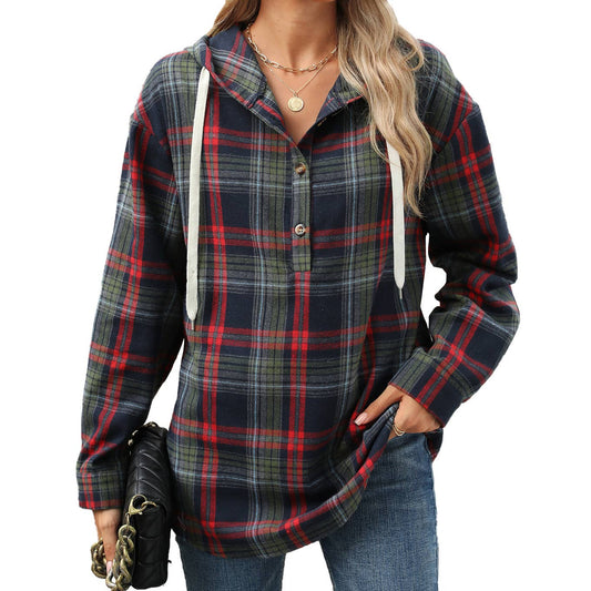 TARTAN LONG SLEEVE HOODED BUTTON TOP