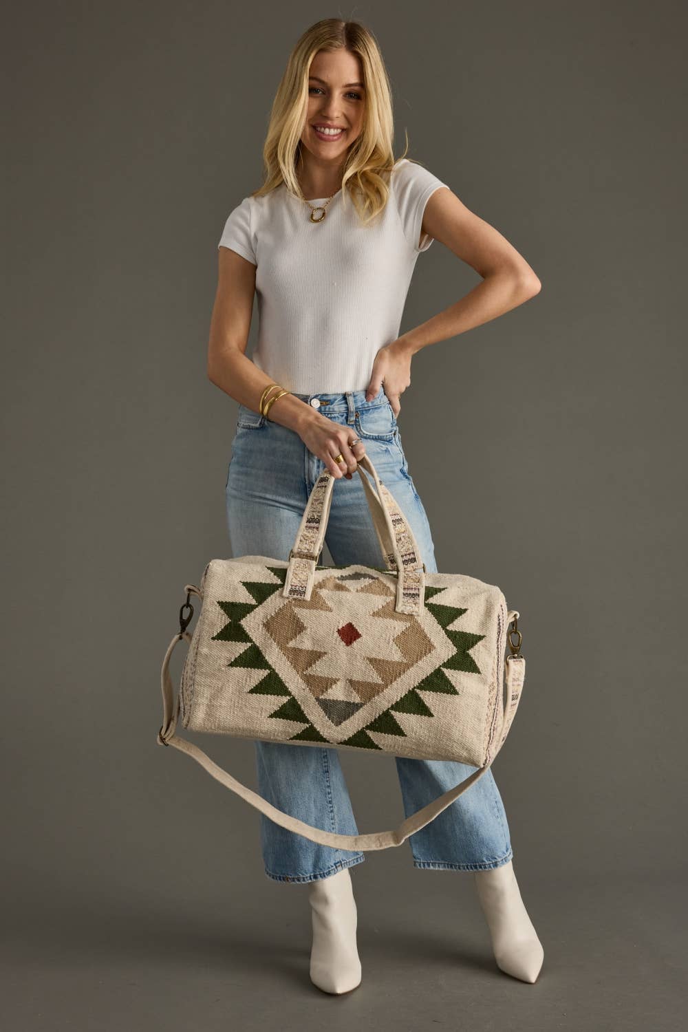 CREAM, GREEN & TAN WESTERN DUFFEL