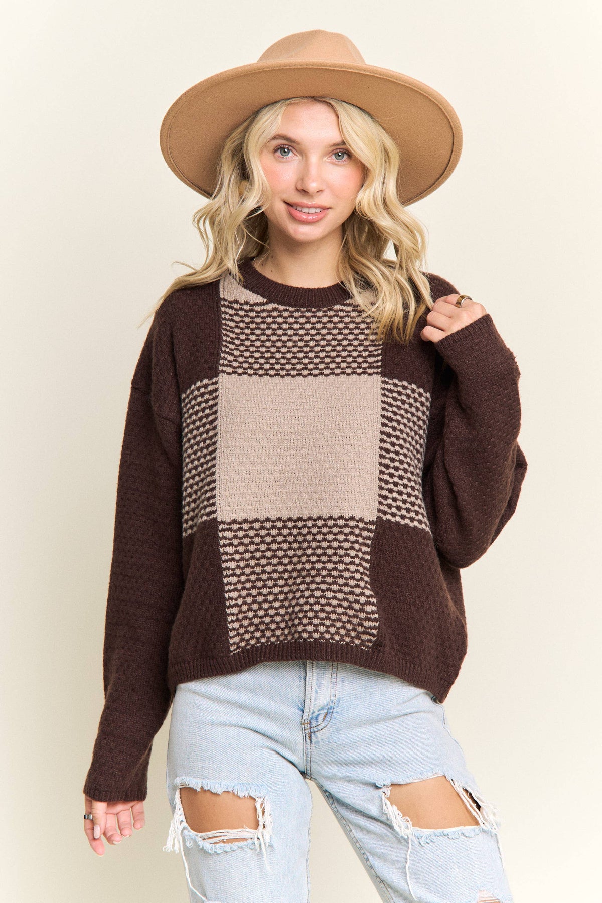 COLORBLOCK CREWNECK SWEATER: BROWN/KHAKI