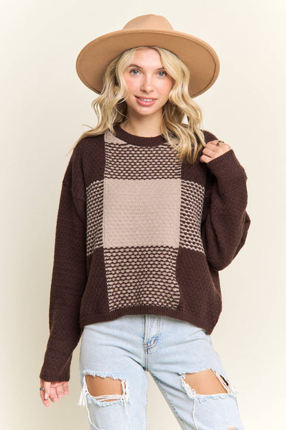 COLORBLOCK CREWNECK SWEATER: BROWN/KHAKI
