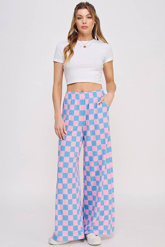 JADE BY JANE - HIGH WAIST CHECKERED STRAIGHT LEG KNIT PANTS: PINK/BROWN / M