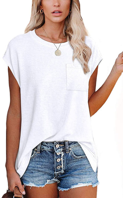 Lovesoft - Short Cap Sleeve Shirts Solid Loose Fit Tops: White / 65%Rayon 30%Polyester 5%Spandex / XL