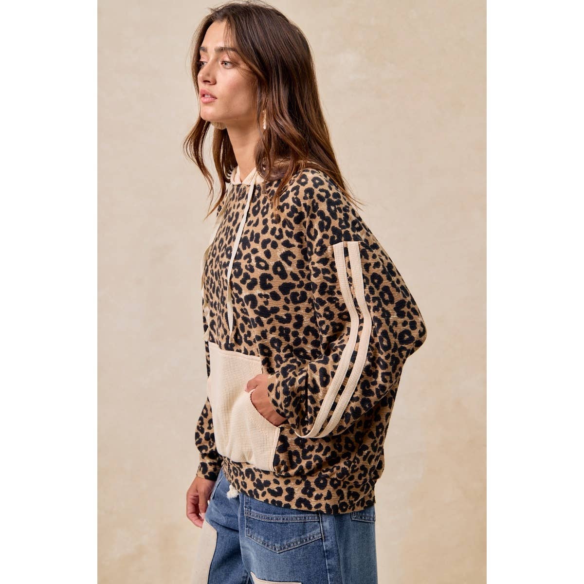 BiBi - WAFFLE THERMAL AND LEOPARD MIX AND MATCH HOODIE: LEOPARD/OATMEAL / L