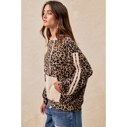 BiBi - WAFFLE THERMAL AND LEOPARD MIX AND MATCH HOODIE: LEOPARD/OATMEAL / L