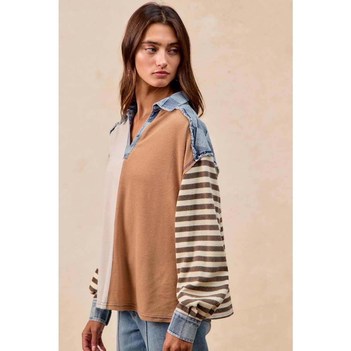 CUT EDGE CHECKER DENIM WAFFLE MIX AND MATCH TOP: OATMEAL/LATTE / L
