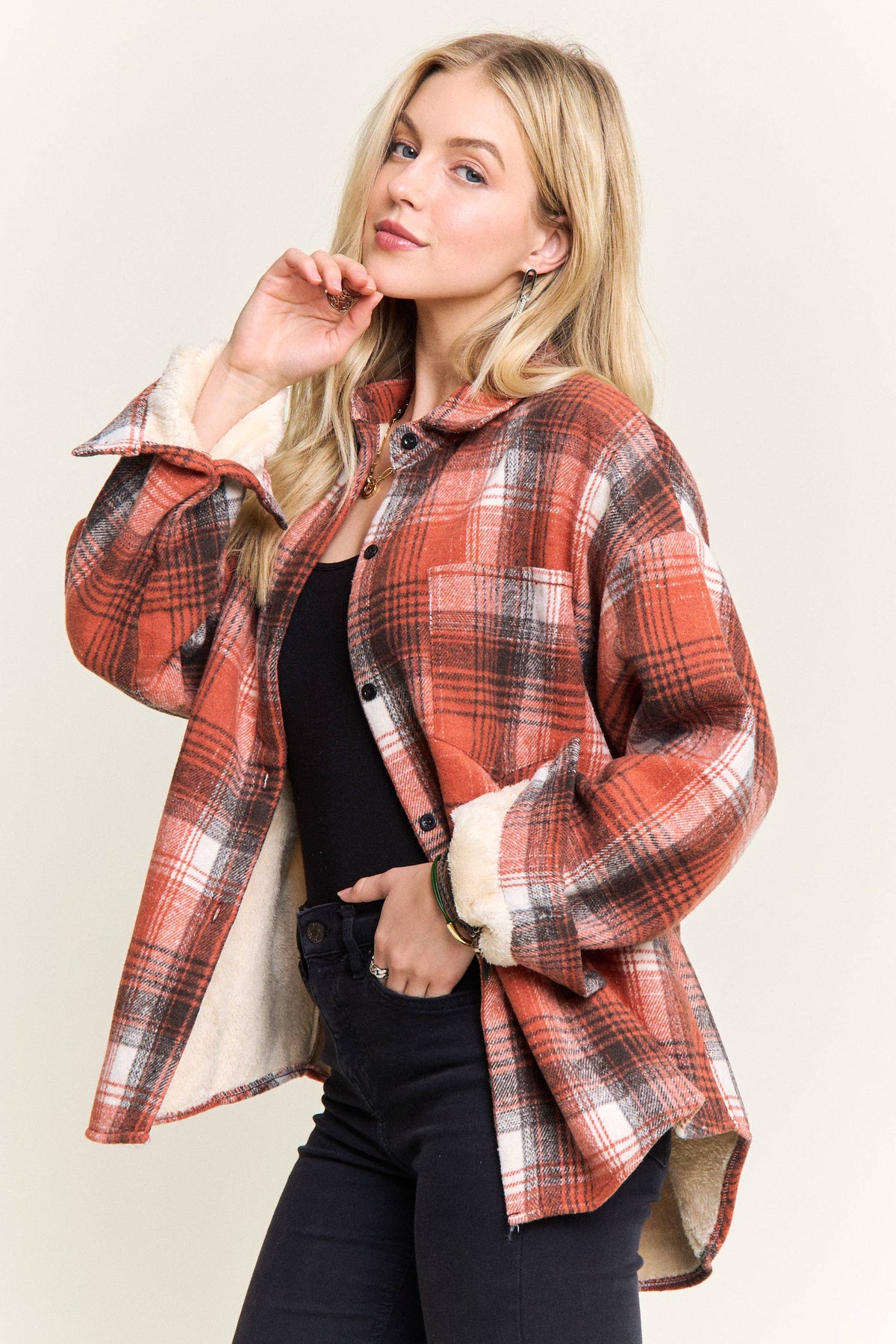 ADORA LA - CEJ4140-PLAID SHERPA-LINED BUTTON DOWN SHACKET: Navy / S-M-L(2-2-2)