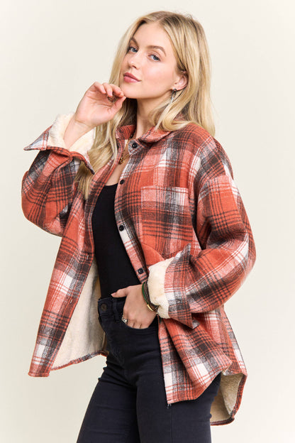 ADORA LA - CEJ4140-PLAID SHERPA-LINED BUTTON DOWN SHACKET: Navy / S-M-L(2-2-2)