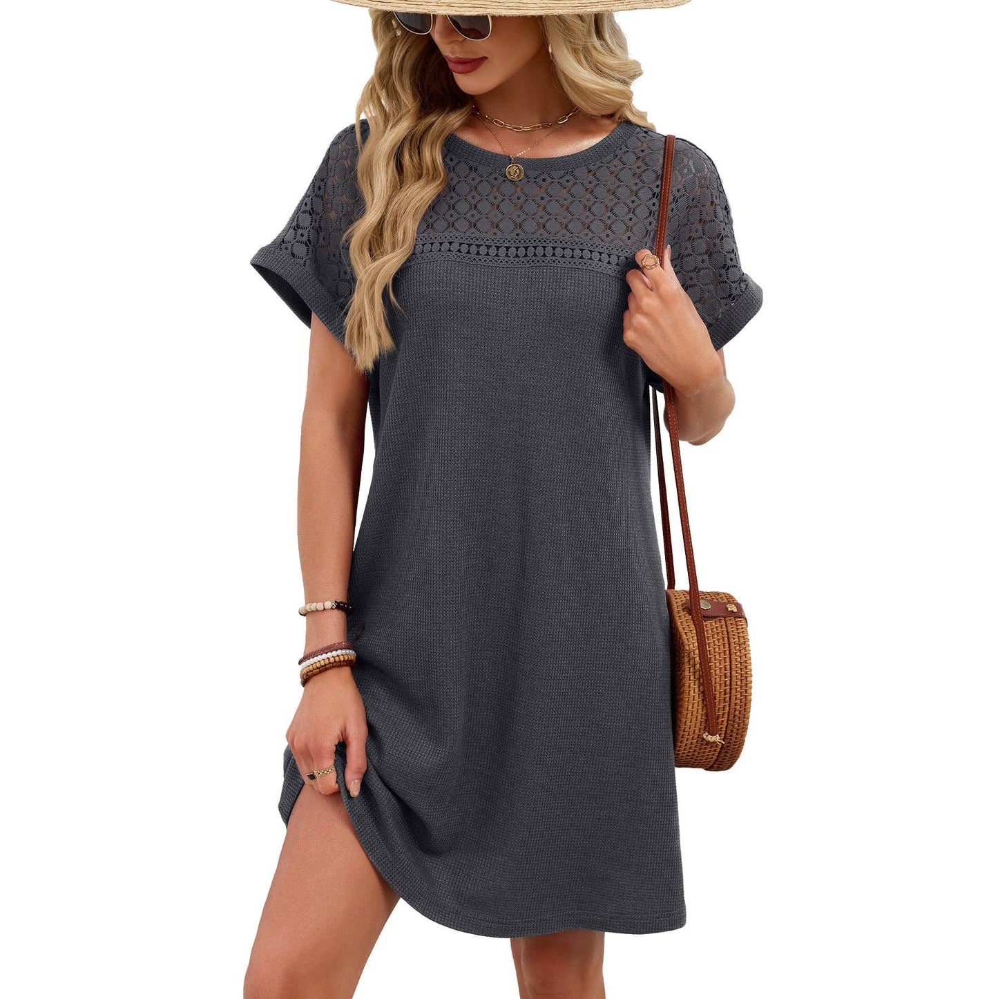 Lovesoft - Lace Patchwork Casual Short Sleeve Loose Summer Dress: Navy Blue / 65%Rayon 30%Polyester 5%Spandex / S
