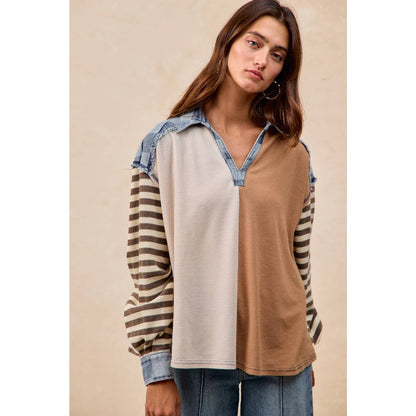 CUT EDGE CHECKER DENIM WAFFLE MIX AND MATCH TOP: OATMEAL/LATTE / L