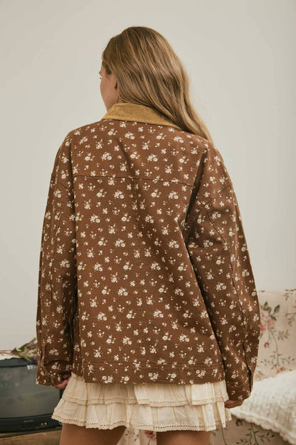 FLORAL CORDUROY COLLAR BUTTON DOWN DENIM JACKET