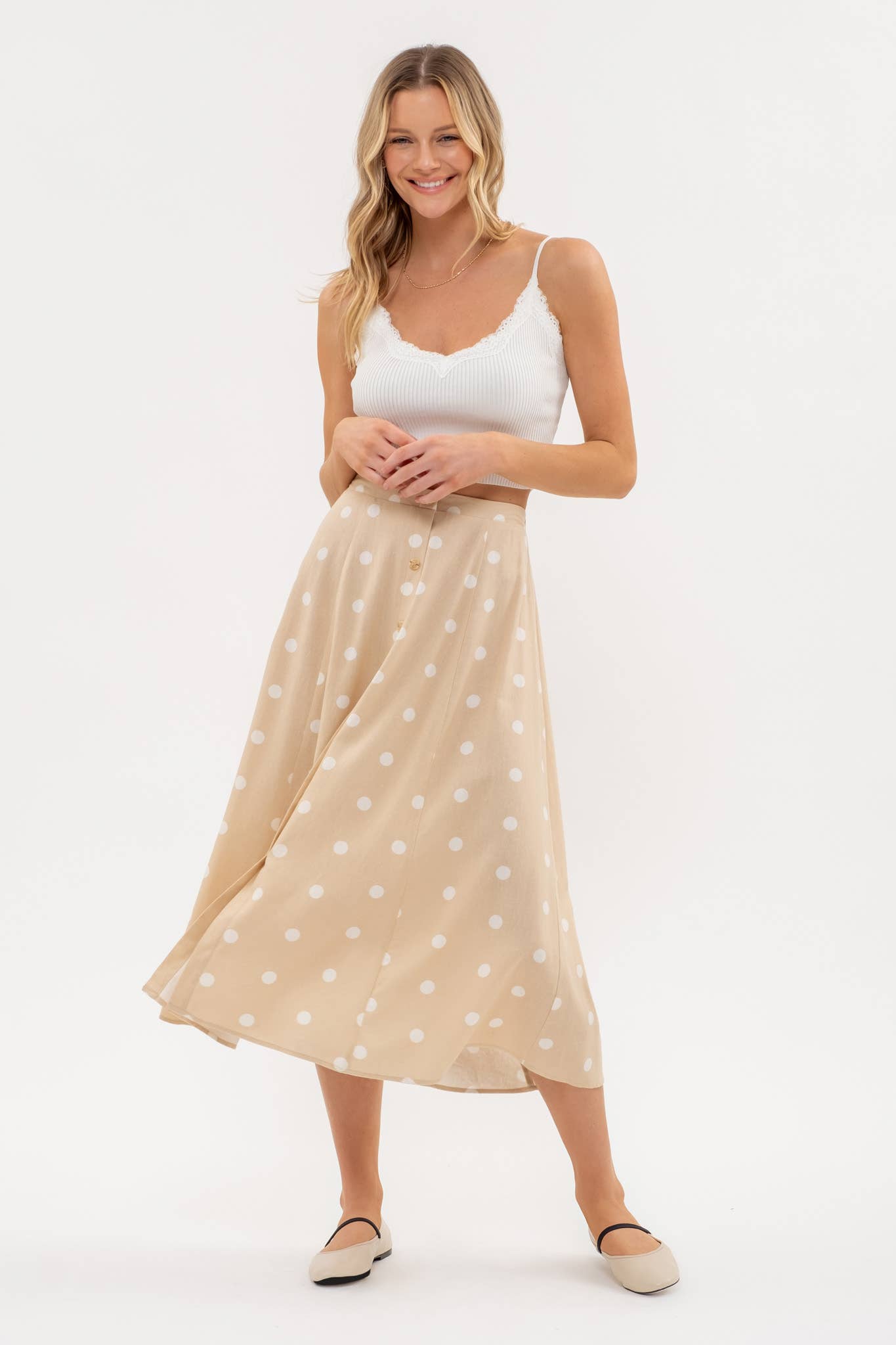 POLKA DOT BUTTON DOWN MIDI SKIRT