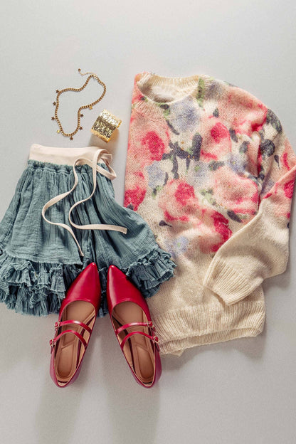 OVERSIZED FLORAL PRINT SOFT KNIT SWEATER