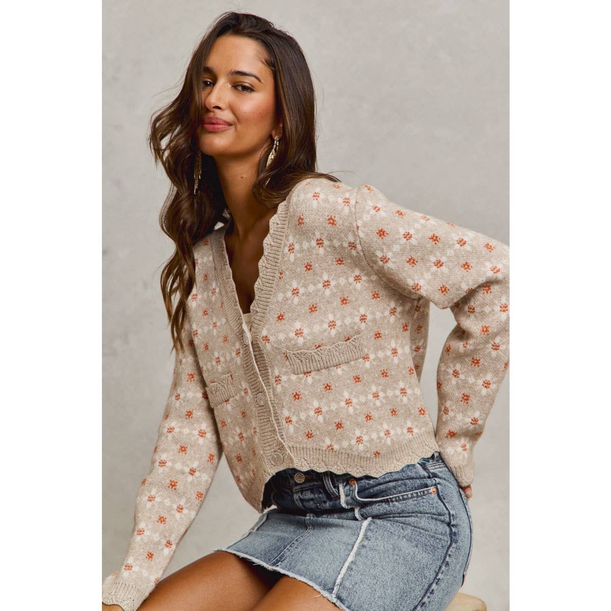 FLORAL PATTERNED BUTTON DOWN SWEATER CARDIGAN