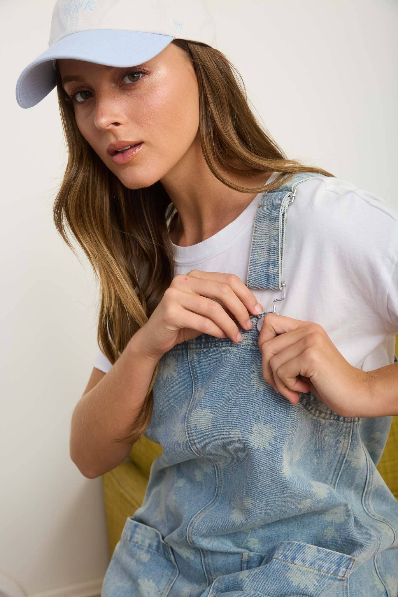 DANDELION WASHED DENIM OVERALL MINI DRESS