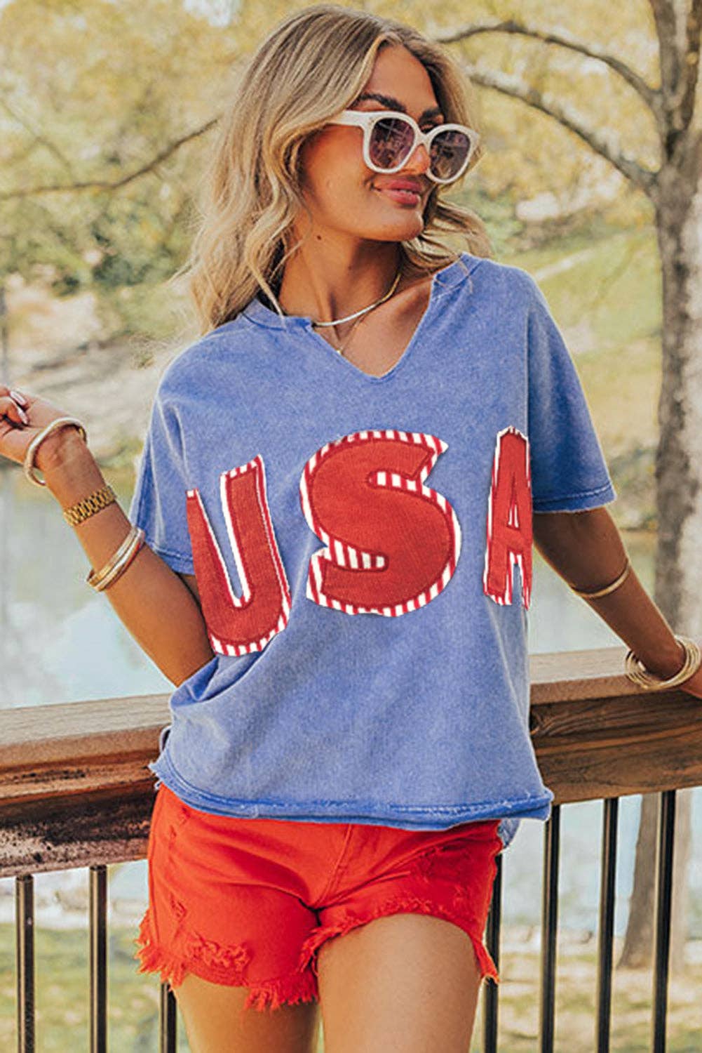SKY BLUE USA PATCH MINERAL WASH NOTCH VNECK VINTAGE GRAPHIC