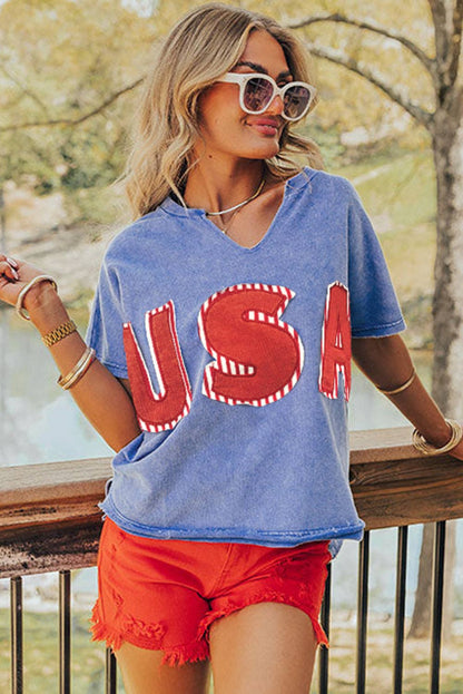 SKY BLUE USA PATCH MINERAL WASH NOTCH VNECK VINTAGE GRAPHIC