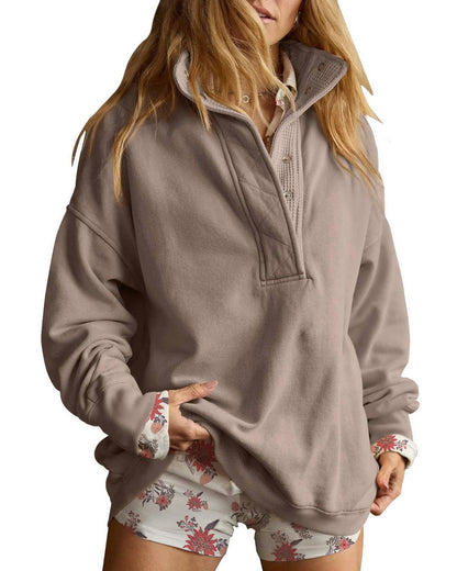 Lovesoft - Solid Fleece Sweatshirt Casual Oversized Snap Collar: Light Gray / 65%Polyester+30%Viscose   +5%Elastane / S