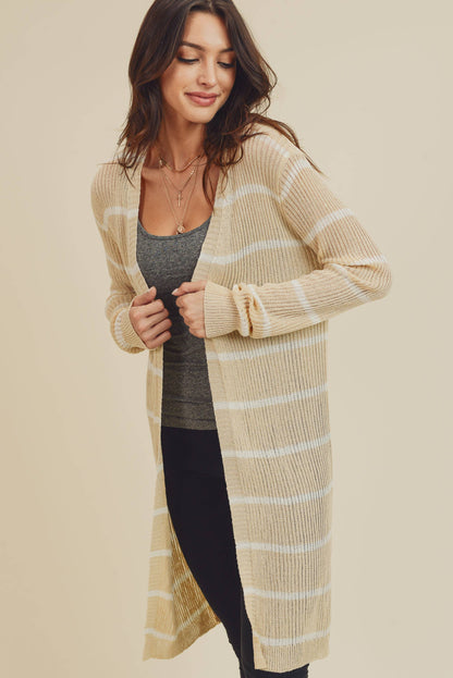 Doe and Rae - L/S Ribbed Xlong Open Cardigan - 1070C: Taupe/White / M