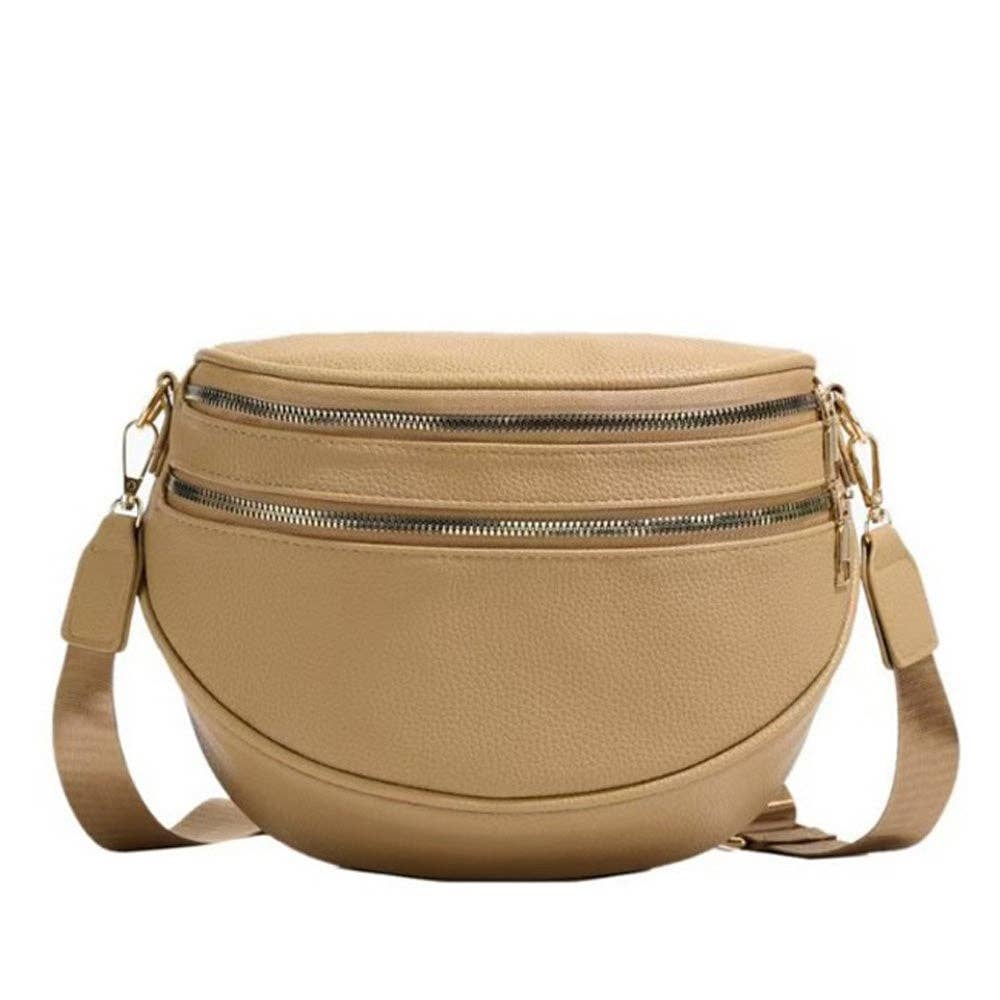 Aili's Corner - Sabrina Double Zip Leather Crescent Sling: Cognac