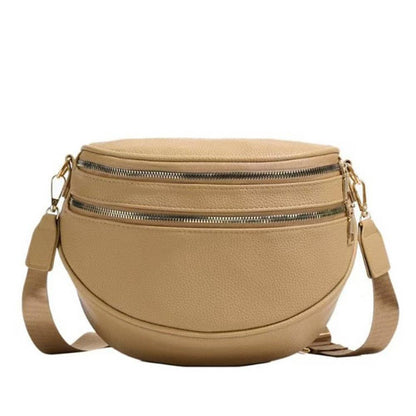 Aili's Corner - Sabrina Double Zip Leather Crescent Sling: Cognac