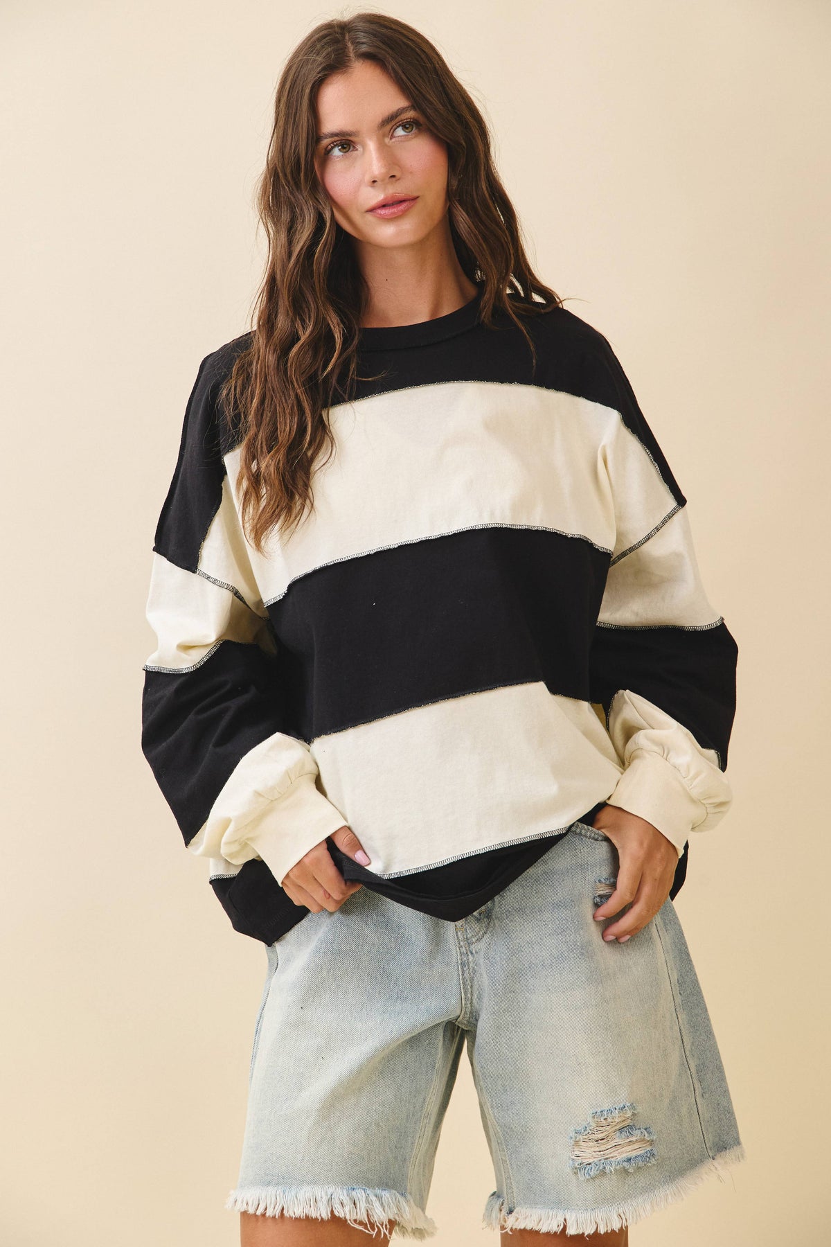 AEMI + CO - 8551GN Oversized Color Block Long Sleeve Pullover: Terracotta Butter / Contemporary / S