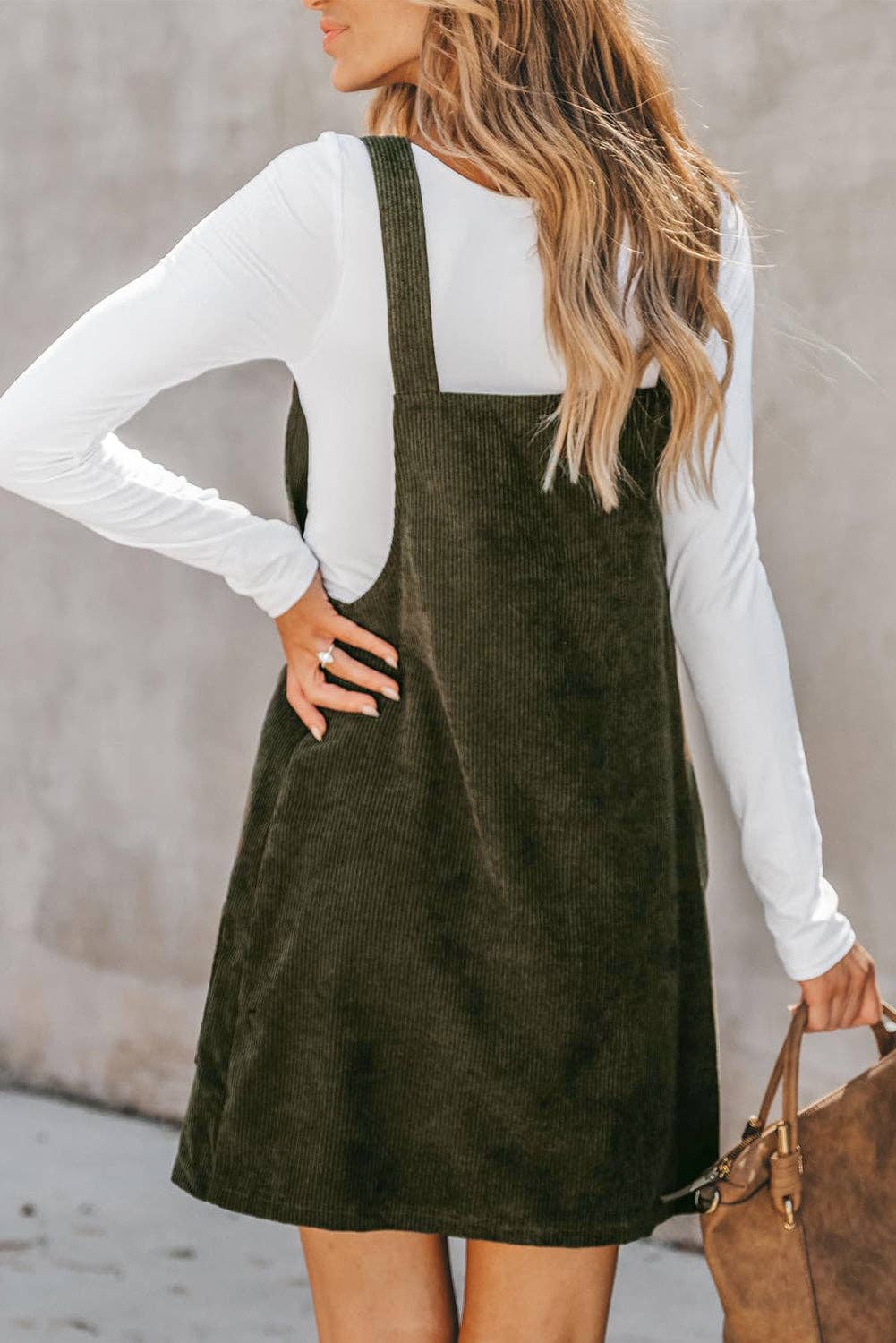 SOLID FRONT POCKETS CORDUROY OVERALL DRESS