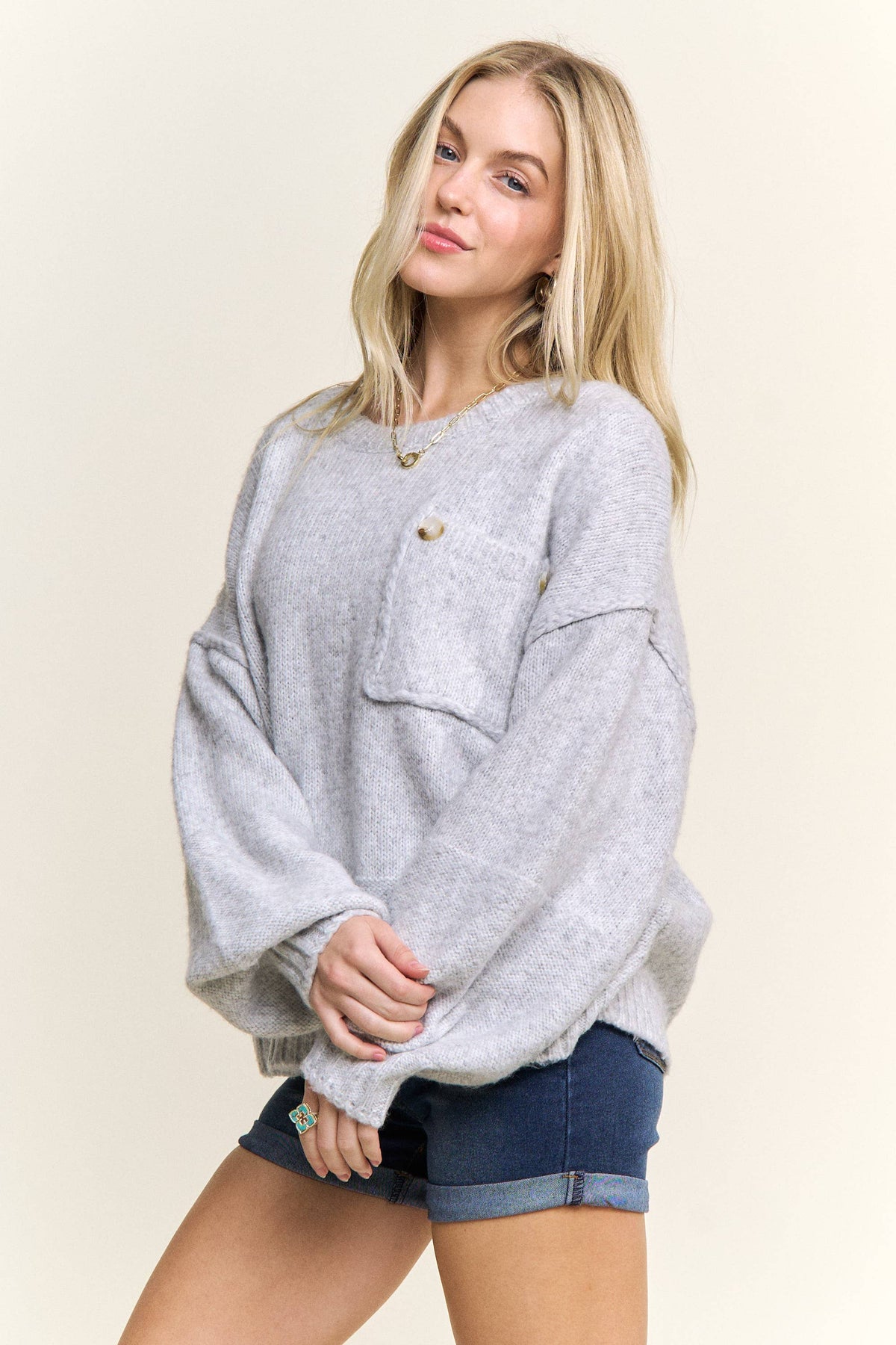 ADORA LA - CESW3943- ROUND NECK LONG SLEEVES KNIT SWEATER: H GREY / S-M-L(2-2-2)