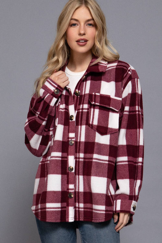 LONG SLEEVE CHECK PRINTED FLEECE SHACKET