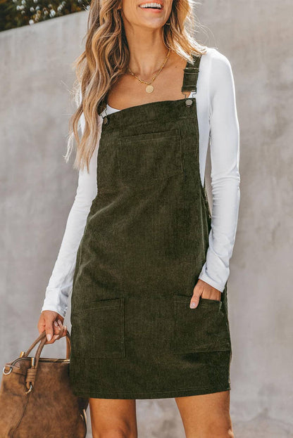 SOLID FRONT POCKETS CORDUROY OVERALL DRESS
