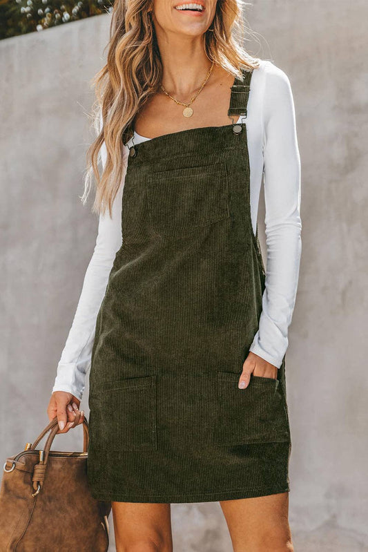 SOLID FRONT POCKETS CORDUROY OVERALL DRESS