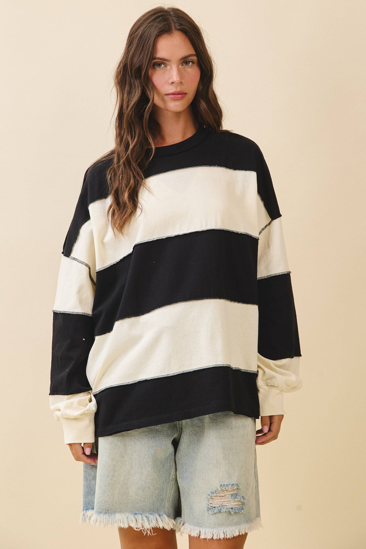 AEMI + CO - 8551GN Oversized Color Block Long Sleeve Pullover: Terracotta Butter / Contemporary / S