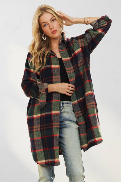 ADORA LA - CEJ1987A-CHECK FLANNEL SHIRT JACKET LONG SLEEVE: Green/Navy / S-M-L(2-2-2)
