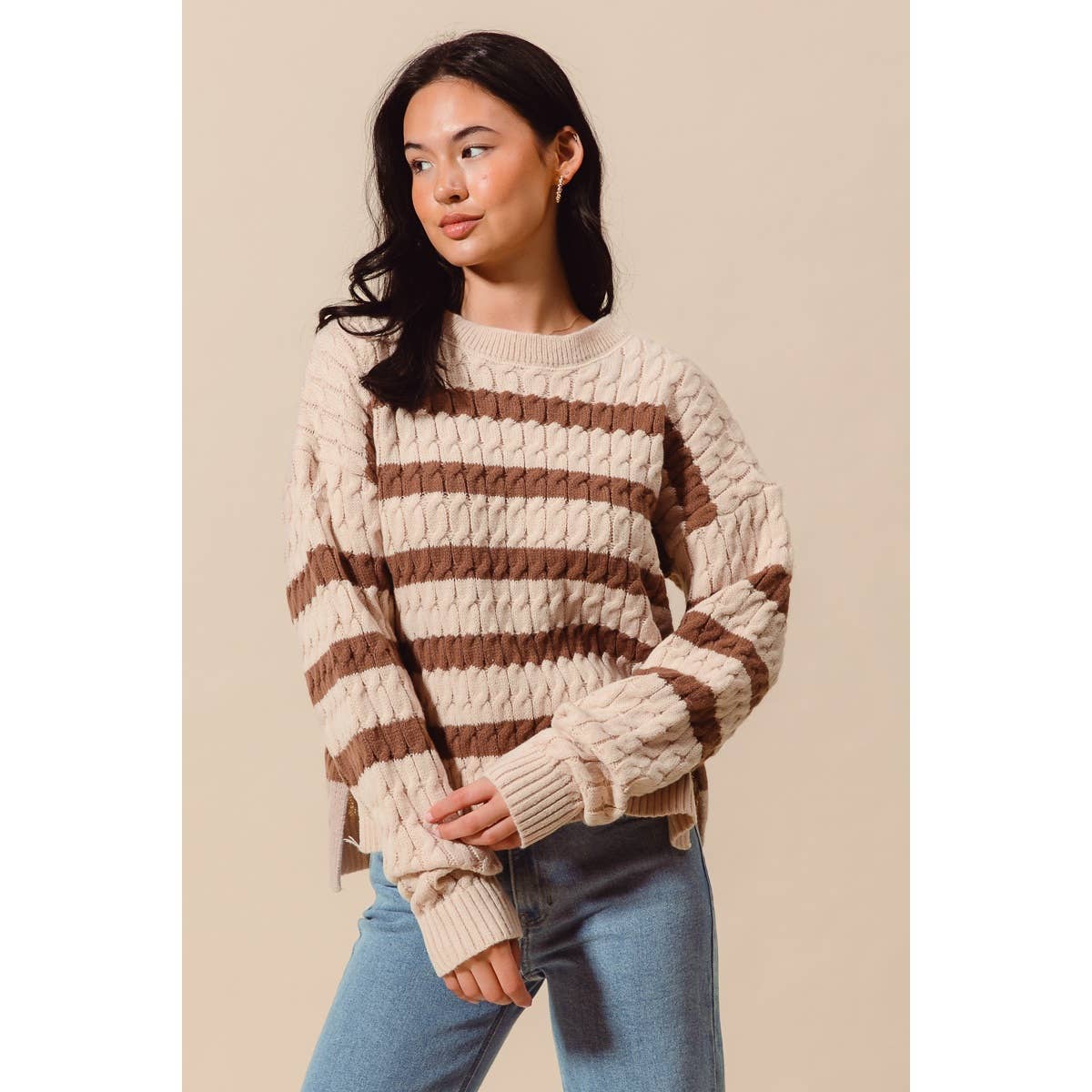 STRIPE CABLE KNIT SWEATER TOP WITH SIDE SLITS