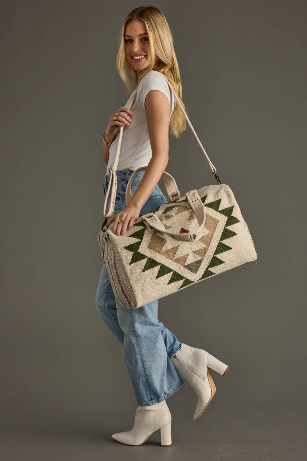 CREAM, GREEN & TAN WESTERN DUFFEL