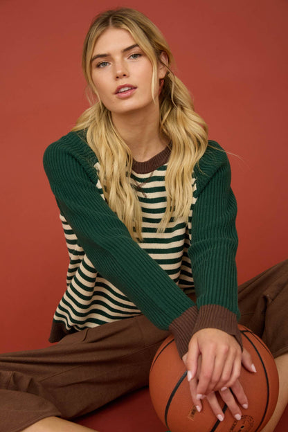 HUNTER GREEN STRIPED COLORBLOCK RAGLAN LONG SLEEVE CREW SWEATER