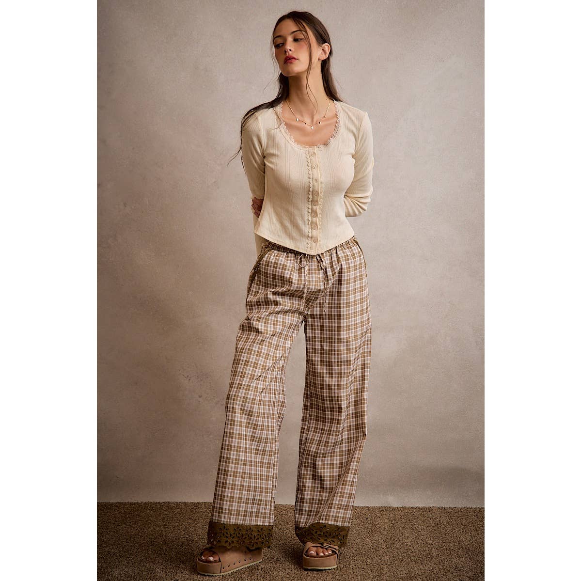 PLAID CHECK WIDE LEG PULL ON WIDE LEG PANTS WITH LACE