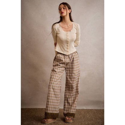 PLAID CHECK WIDE LEG PULL ON WIDE LEG PANTS WITH LACE