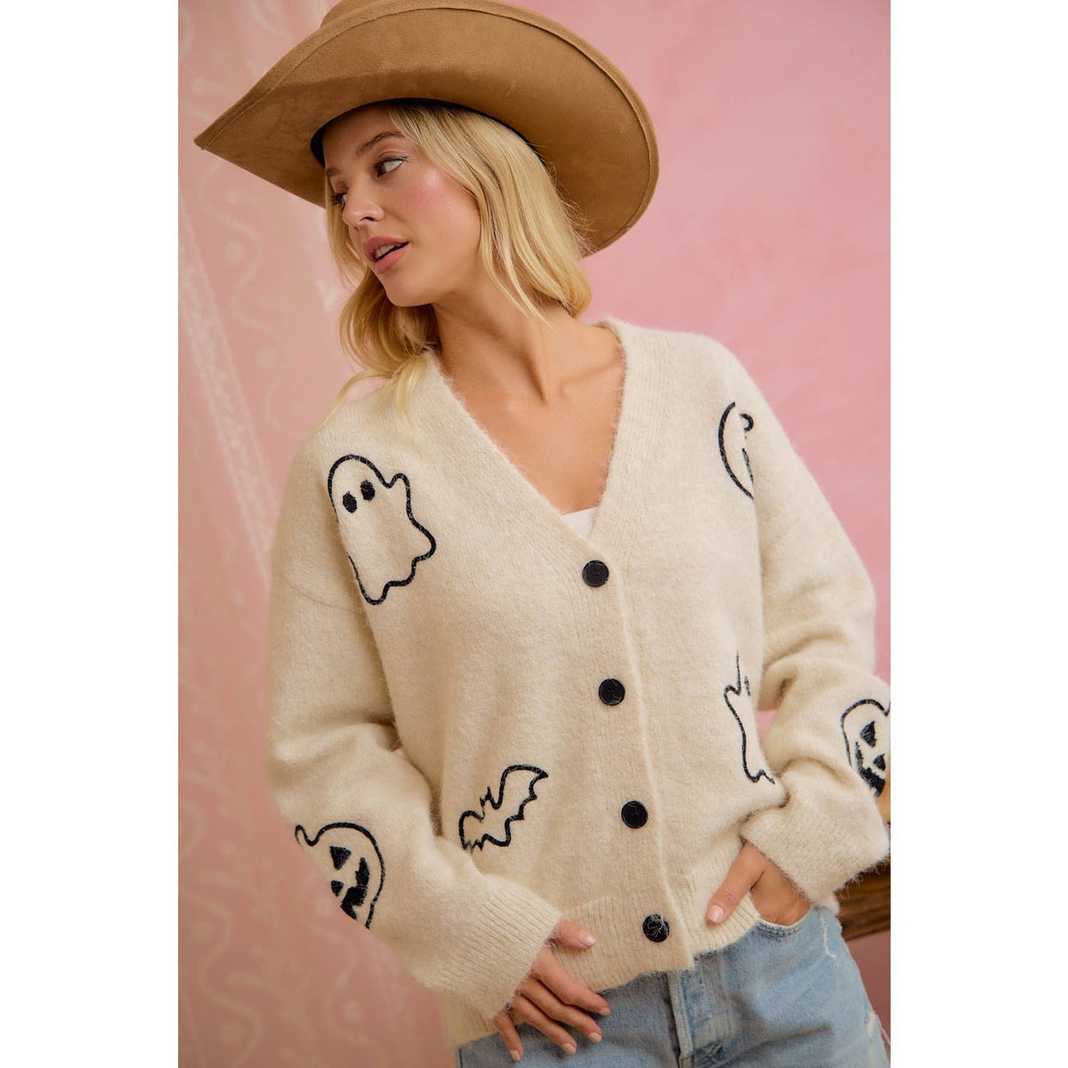 HALLOWEEN GHOST PUMPKIN BUTTON CARDIGAN