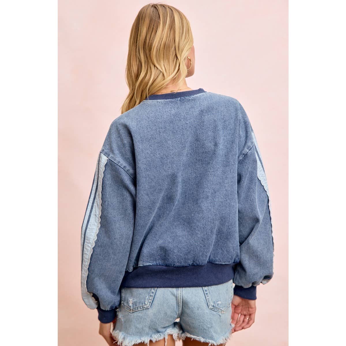 BiBi - WASHED DENIM LACE CONTRAST SIDED SWEATSHIRT TOP: DENIM / S
