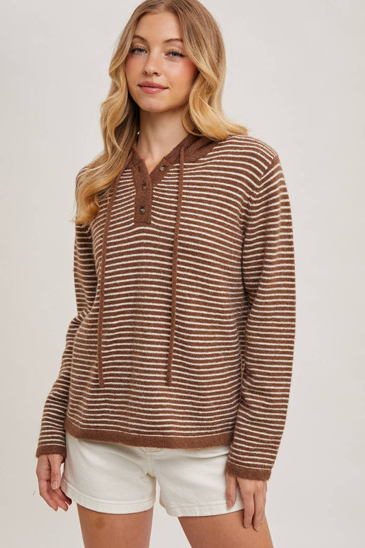 Bluivy - HENLEY SWEATER WITH HOODIE: MOCHA/CREAM / L