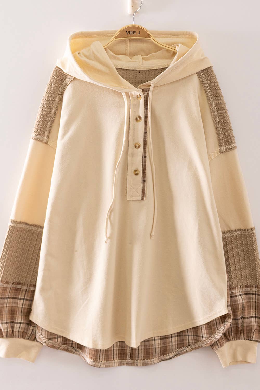 Plaid Contrast Hoodie Pullover: NATURAL