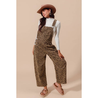 LEOPARD TWILL SLOUCHY BARREL OVERALLS JUMPSUIT