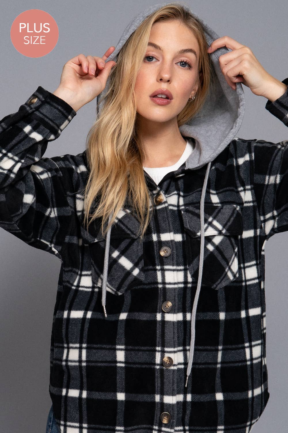 FLEECE PLAID HOODED JACKET PLUS