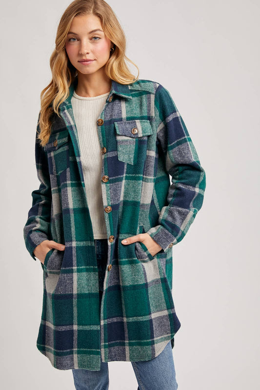 Bluivy - FLANNEL PLAID LONGLINE SHACKET: GREEN PLAID / L