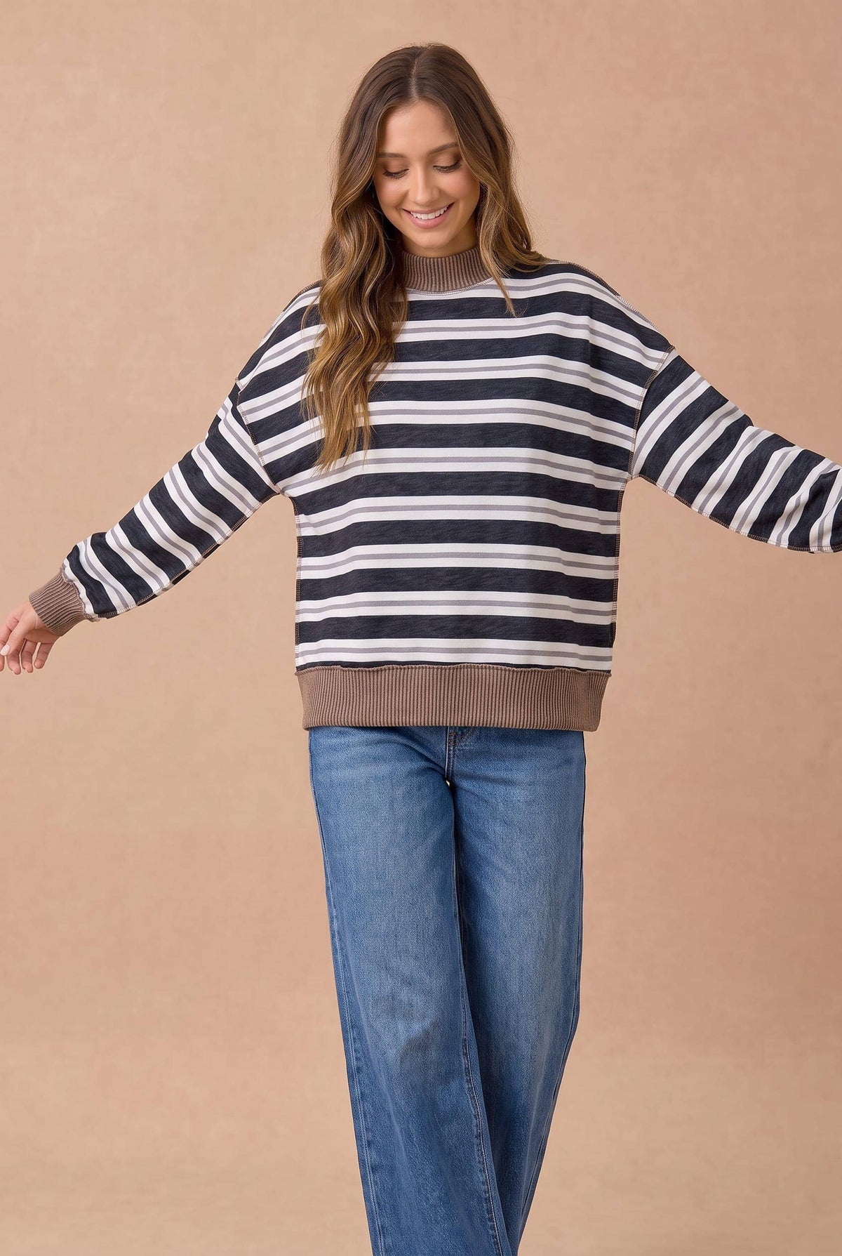 Haptics - Striped Mock Neck Balloon Sleeve Knit Top: MOCHA / S